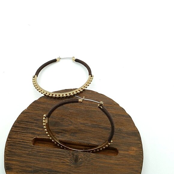 Large Gold-tone Beaded Brown Threaded Hoop Earrings NWOT - Picture 5 of 9